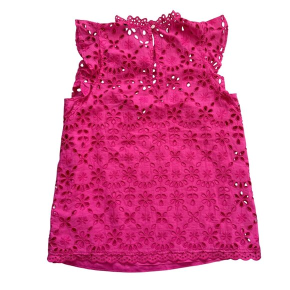 J.CREW Women's Tank Top Sz S Hot Pink Eyelet Lace Mock Neck Ruffle Pullover - Picture 3 of 10